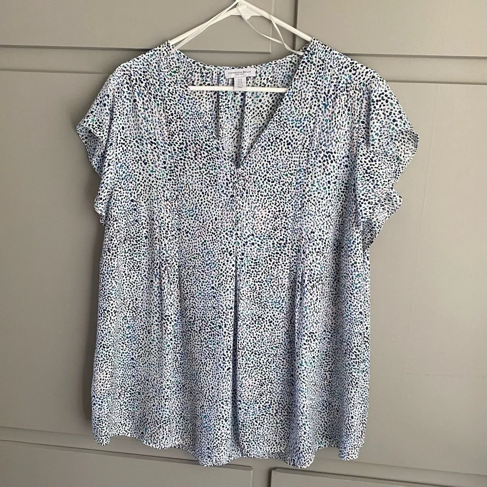 Carolina Belle (Dress Barn) Blue and White Flutter Sleeve Blouse Size 1X - Picture 1 of 7